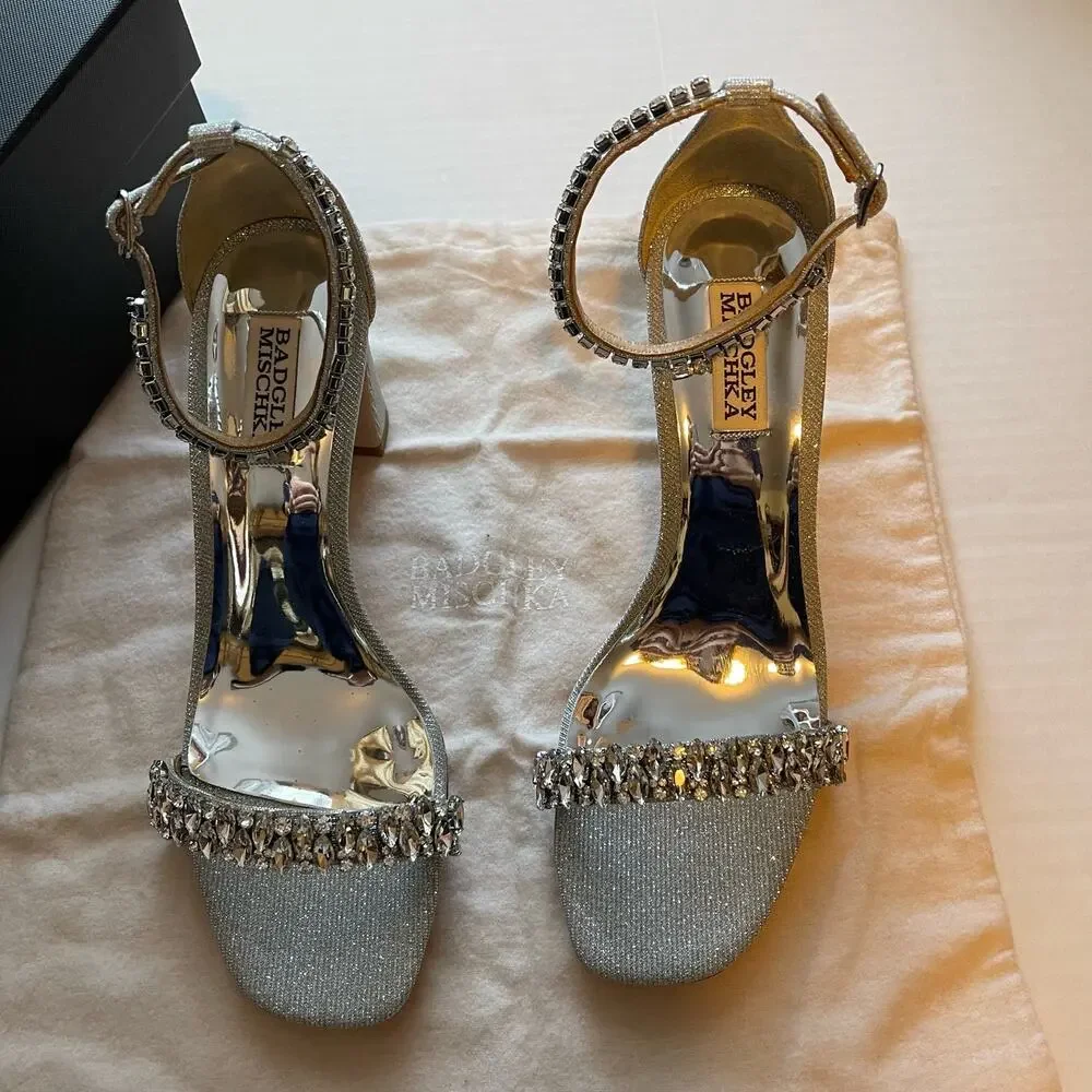 Badgley Mischka Rose Gold Crystal Block Heel Sandals - Picture 4 of 10